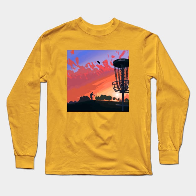 Disc Golf Against a Reddish Sunrise Long Sleeve T-Shirt by Star Scrunch